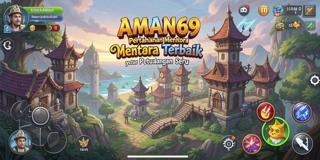 Screenshot gameplay AMAN69 menunjukkan menara pertahanan yang sedang beraksi.